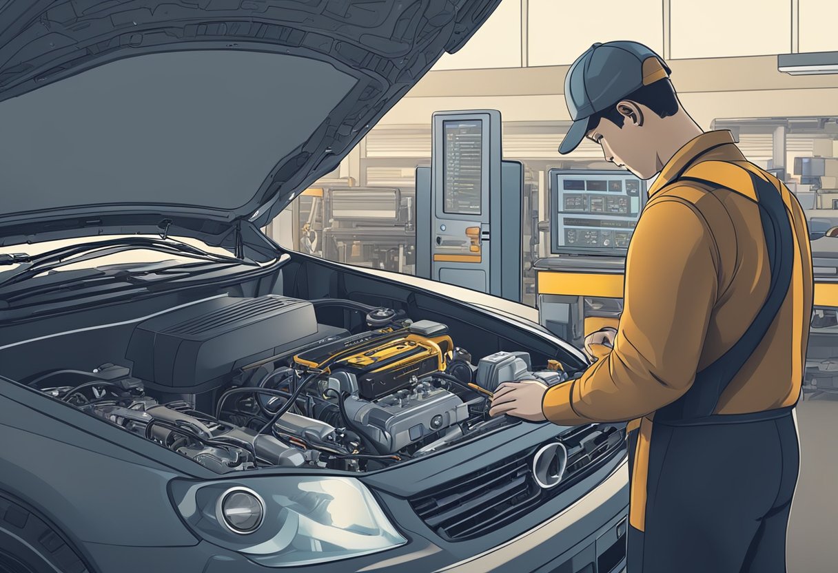 A car with diagnostic tools connected to the engine, displaying error codes on a screen while a technician examines the powertrain components
