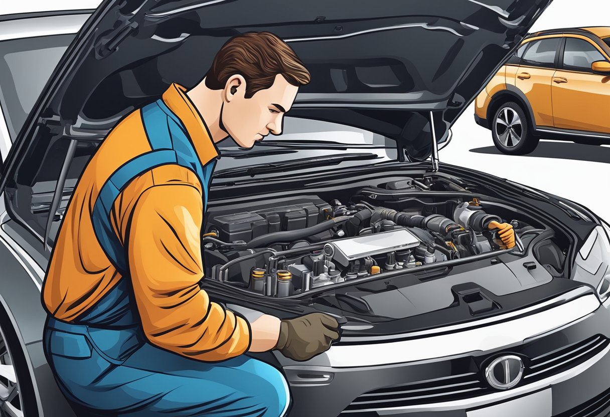 A mechanic diagnosing a car's powertrain issues using diagnostic tools and repair manuals