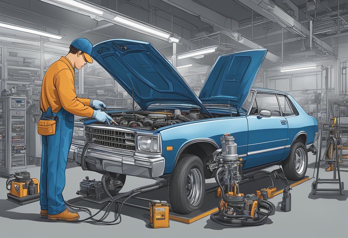 A mechanic inspects a powertrain for signs of wear and tear, using diagnostic tools and following a checklist for preventative maintenance