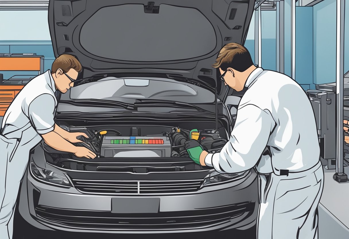 A mechanic connects a diagnostic scanner to a vehicle's OBD-II port, while another technician inspects the engine for signs of rough idling