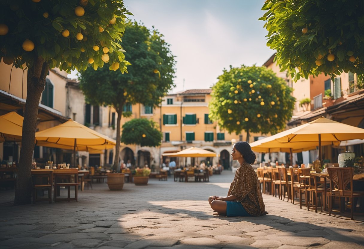 Eat Pray Love—A woman sitting in a tranquil Italian piazza, surrounded by vibrant colors and delicious food  