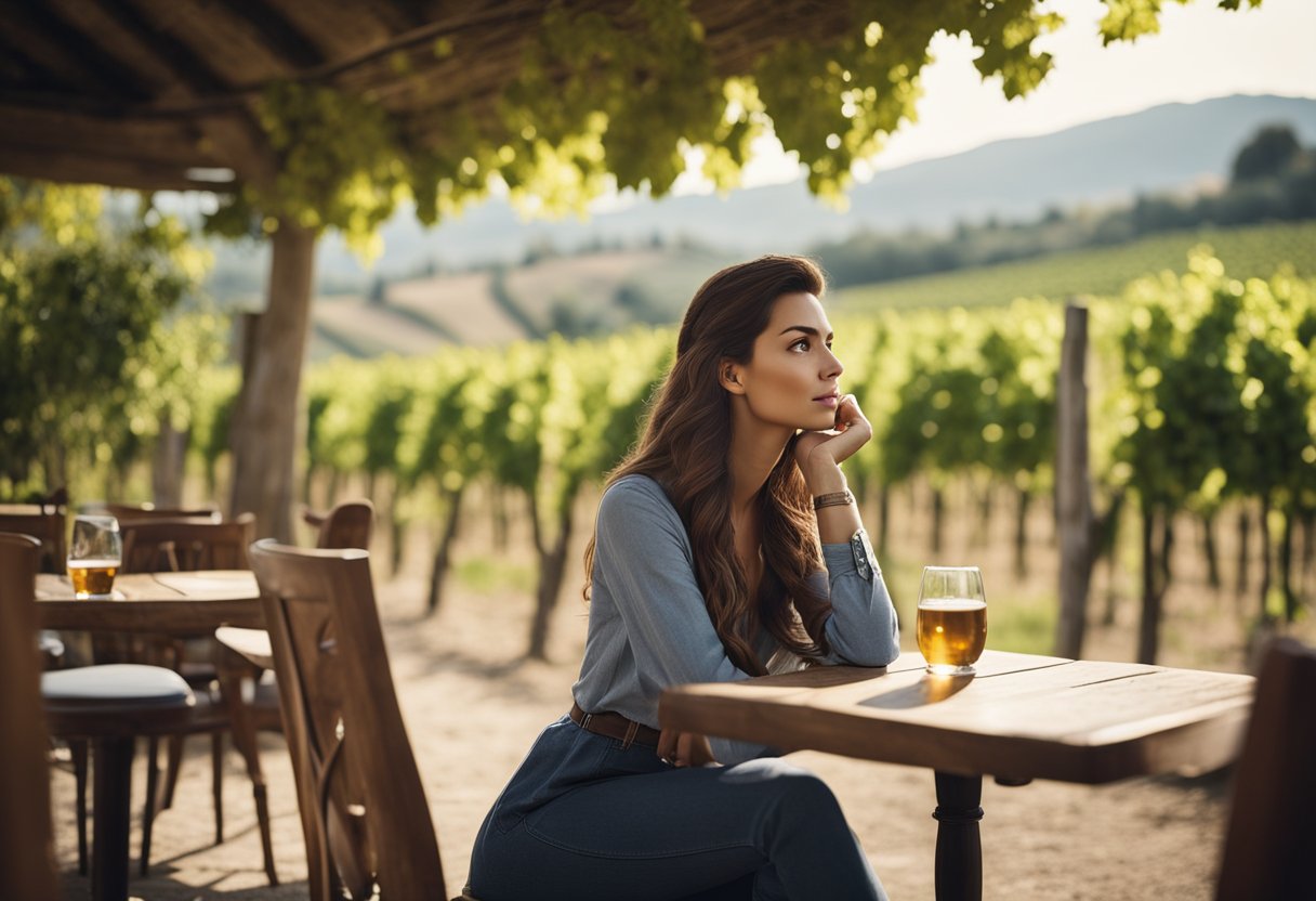 Eat Pray Love— A woman sits in a rustic Italian cafe, surrounded by vineyards and rolling hills. She gazes out at the serene landscape, lost in thought.