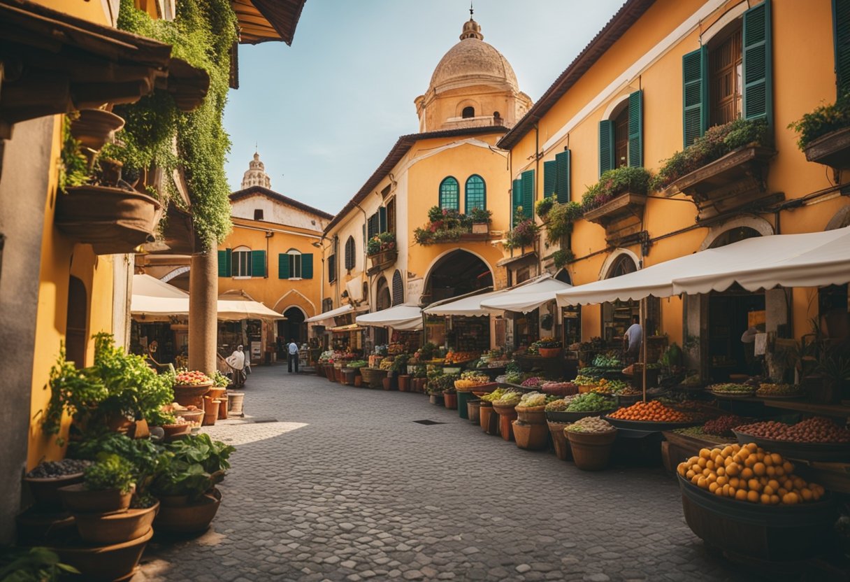 Eat Pray Love—An Italian piazza with colorful buildings, outdoor cafes, and cobblestone streets. 