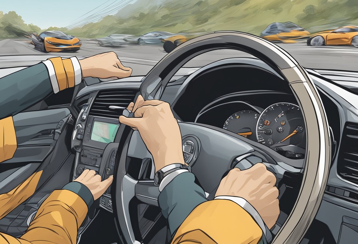 The driver's hands grip the steering wheel as the control arm snaps, causing the vehicle to veer off course.

The driver frantically tries to regain control while other cars swerve to avoid a collision