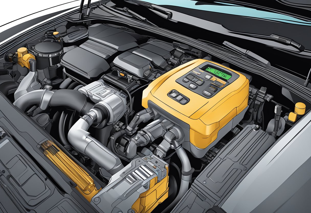 A car engine with a diagnostic tool connected, displaying "P1399: Random Cylinder Misfire Detection."
