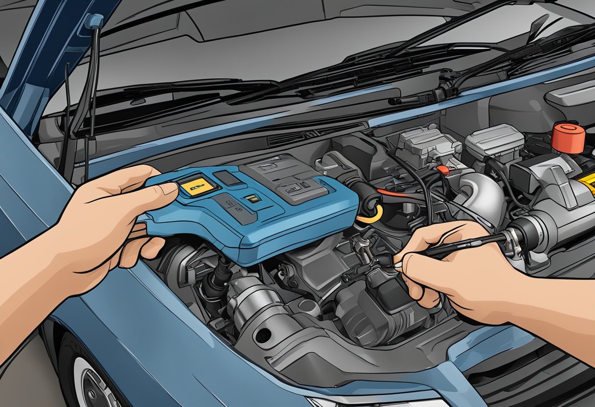 A mechanic uses diagnostic tools on a car engine with the "P1399: Random Cylinder Misfire Detection" code displayed on the scanner