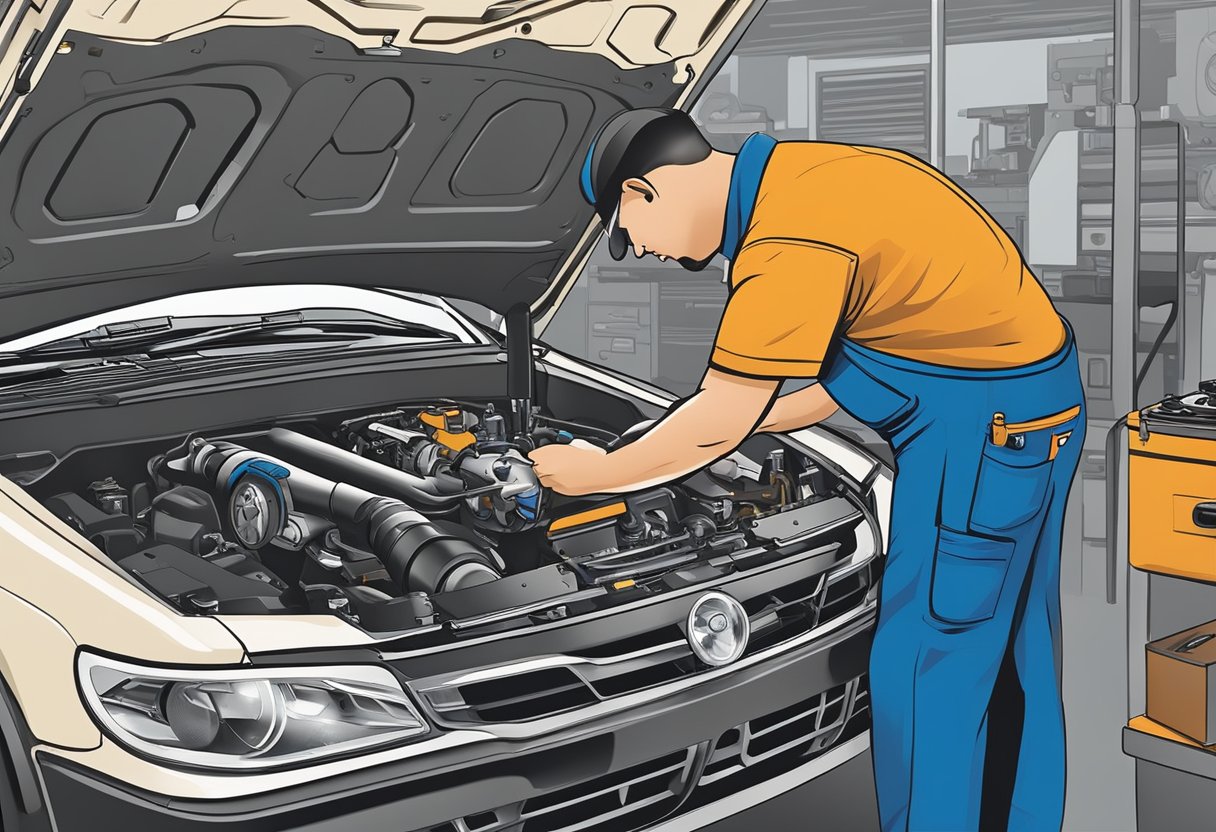 A mechanic checks engine cylinders for P1399 misfire, using diagnostic tools and performing maintenance