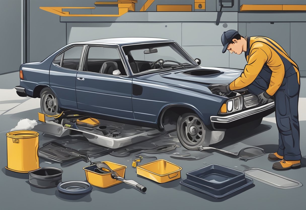 A mechanic removing a damaged oil pan from a car, with tools and spilled oil nearby