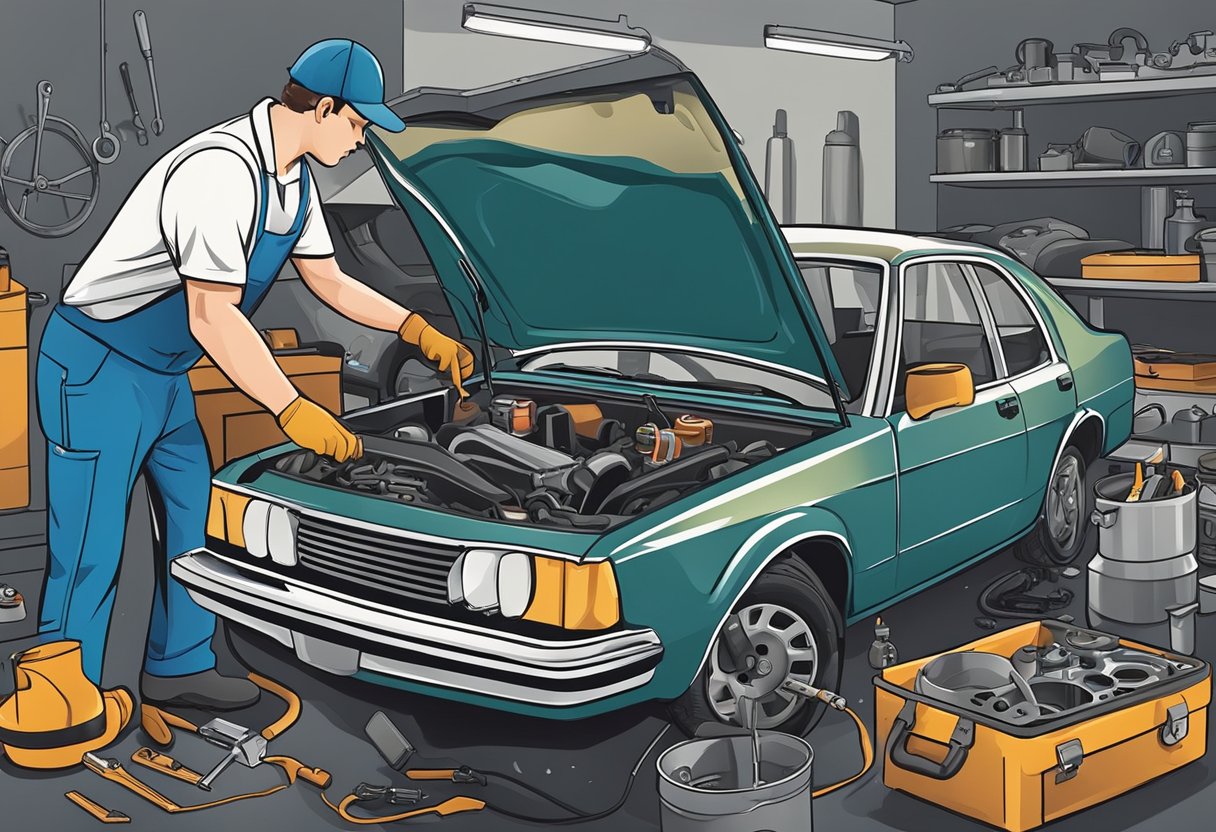 A mechanic removing a damaged oil pan from a car, surrounded by various tools and replacement parts
