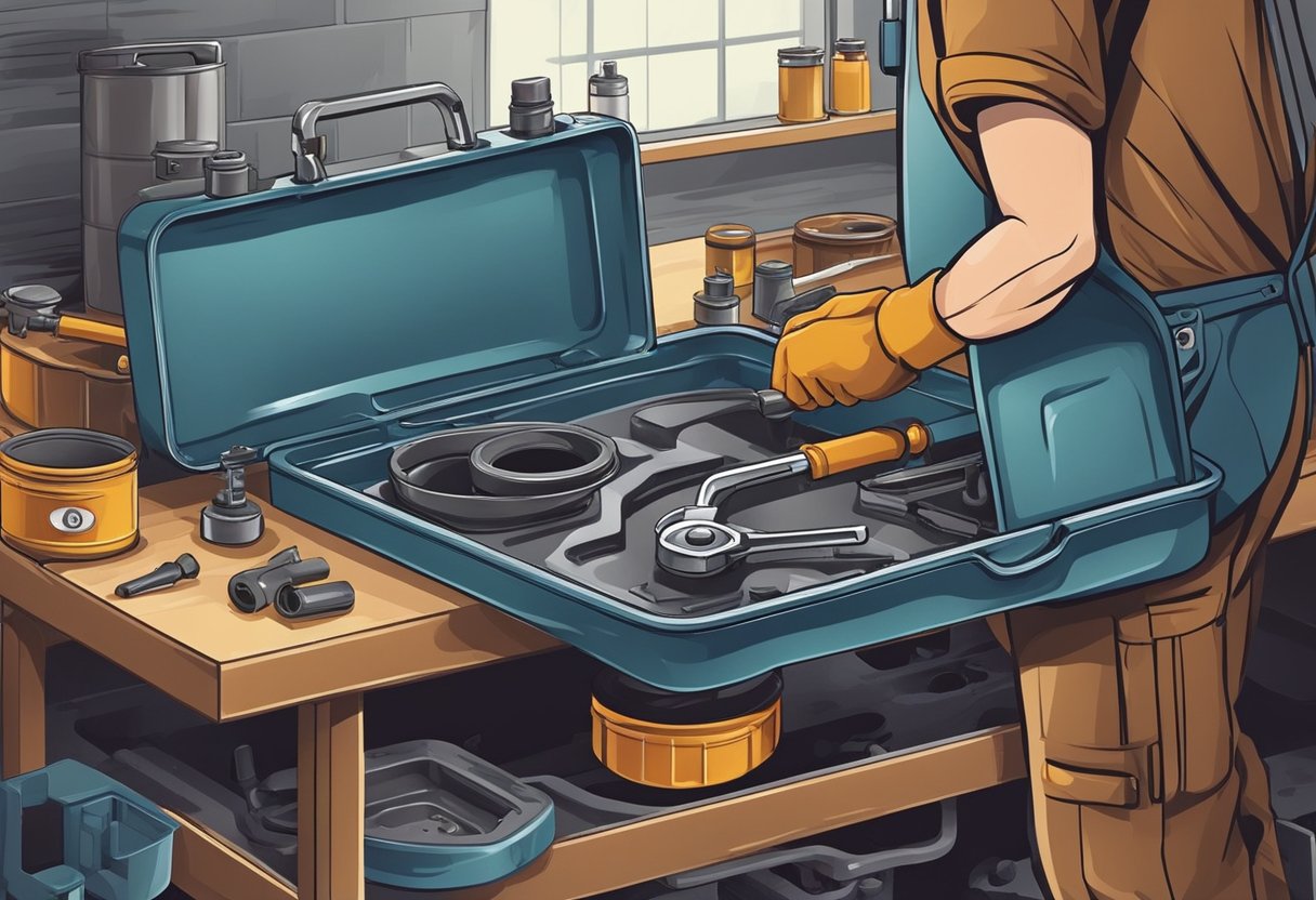 A mechanic drains oil, removes old oil pan, cleans area, installs new pan, and refills with oil.

Tools and parts are laid out on a workbench