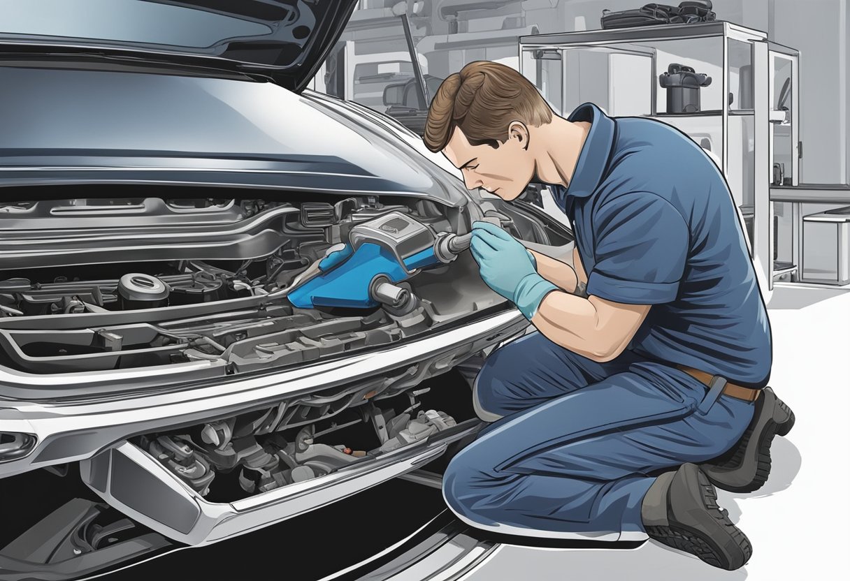 A mechanic carefully removes the damaged oil pan from underneath a car, inspecting it closely for signs of wear and tear.

Nearby, a price list displays the costs associated with the replacement process