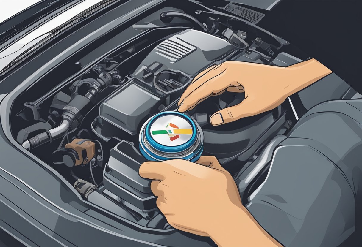 A person tightening a gas cap on a car, with the check engine light turning off in the background