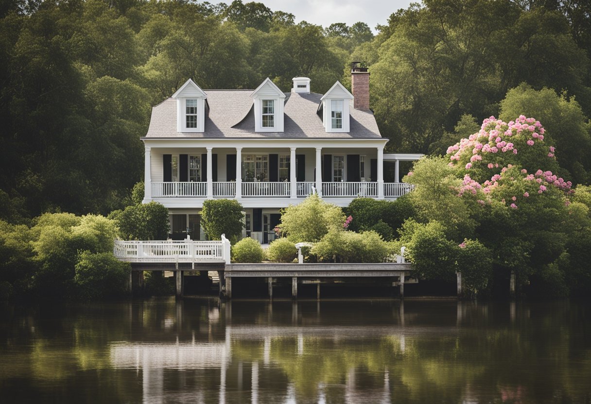 A charming waterfront house in South Carolina, surrounded by lush greenery and blooming flowers, with a peaceful river flowing nearby