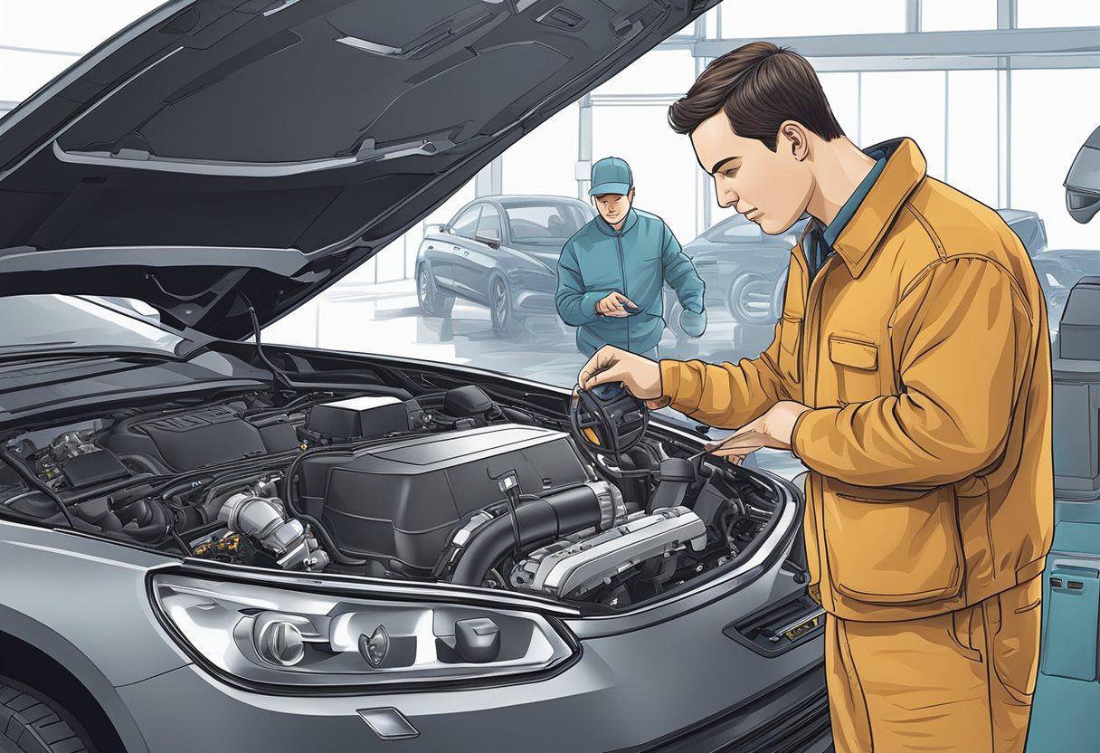 A mechanic examines a car's engine, analyzing the throttle actuator control motor circuit for the P2101 diagnostic code