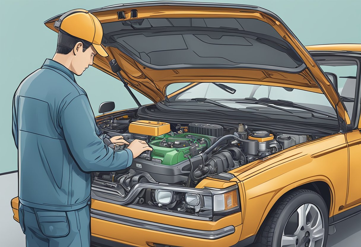 A mechanic examining a car's engine, with diagnostic tools and a laptop displaying "P2101 Code: Throttle Actuator Control Motor Circuit Analysis"