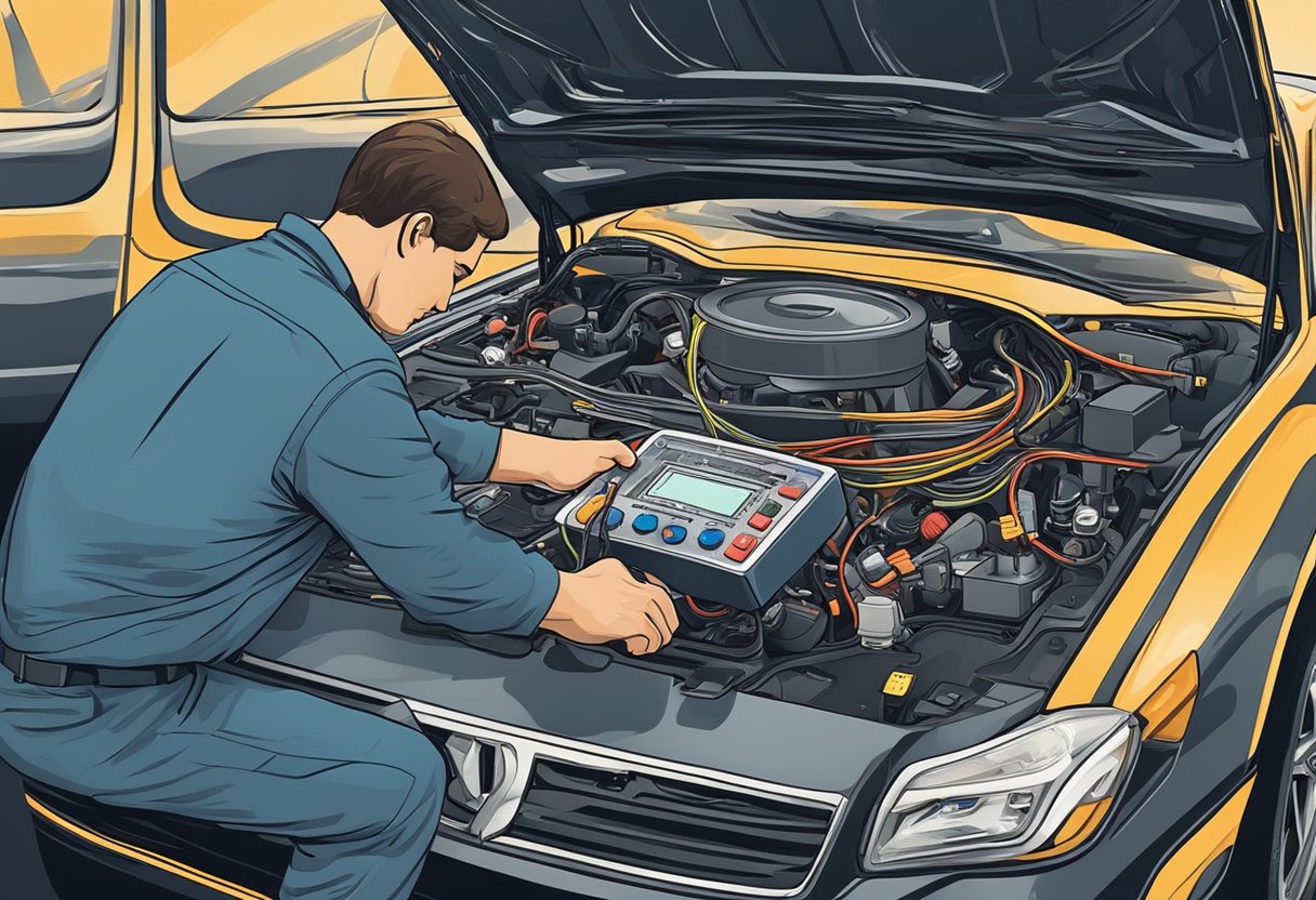 A mechanic checks wiring and connections in a car's engine, using a multimeter to diagnose a P2101 error code