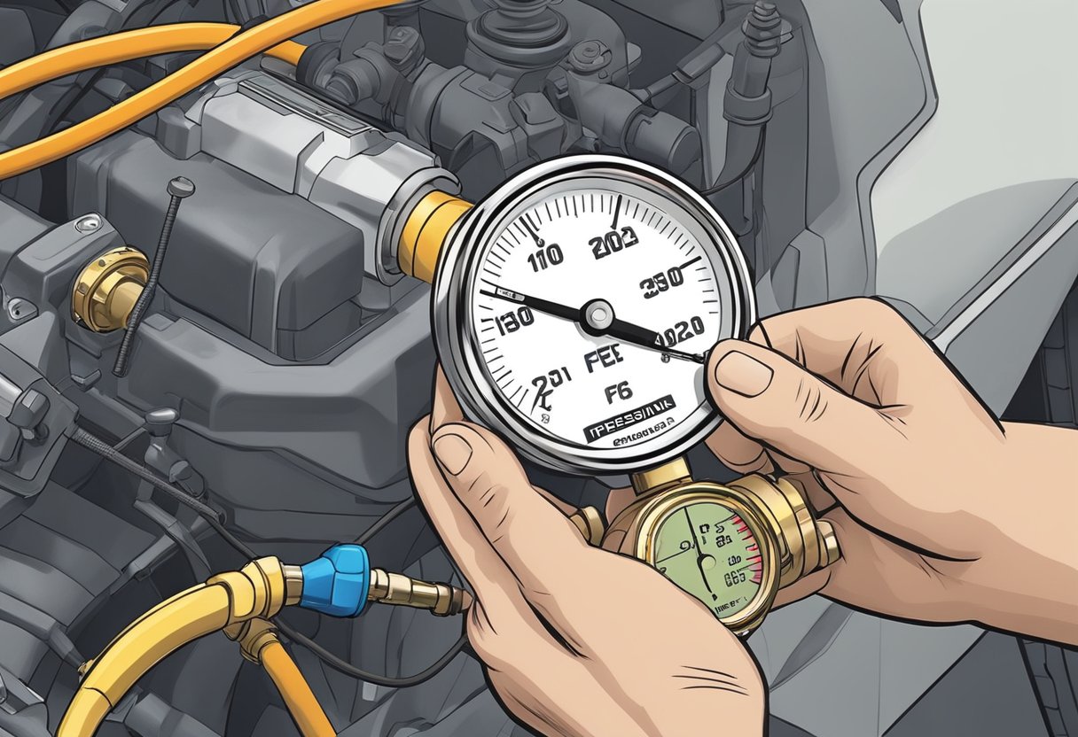 A mechanic using a fuel pressure gauge to test the fuel pump's pressure.

The mechanic carefully attaches the gauge to the fuel line and observes the reading