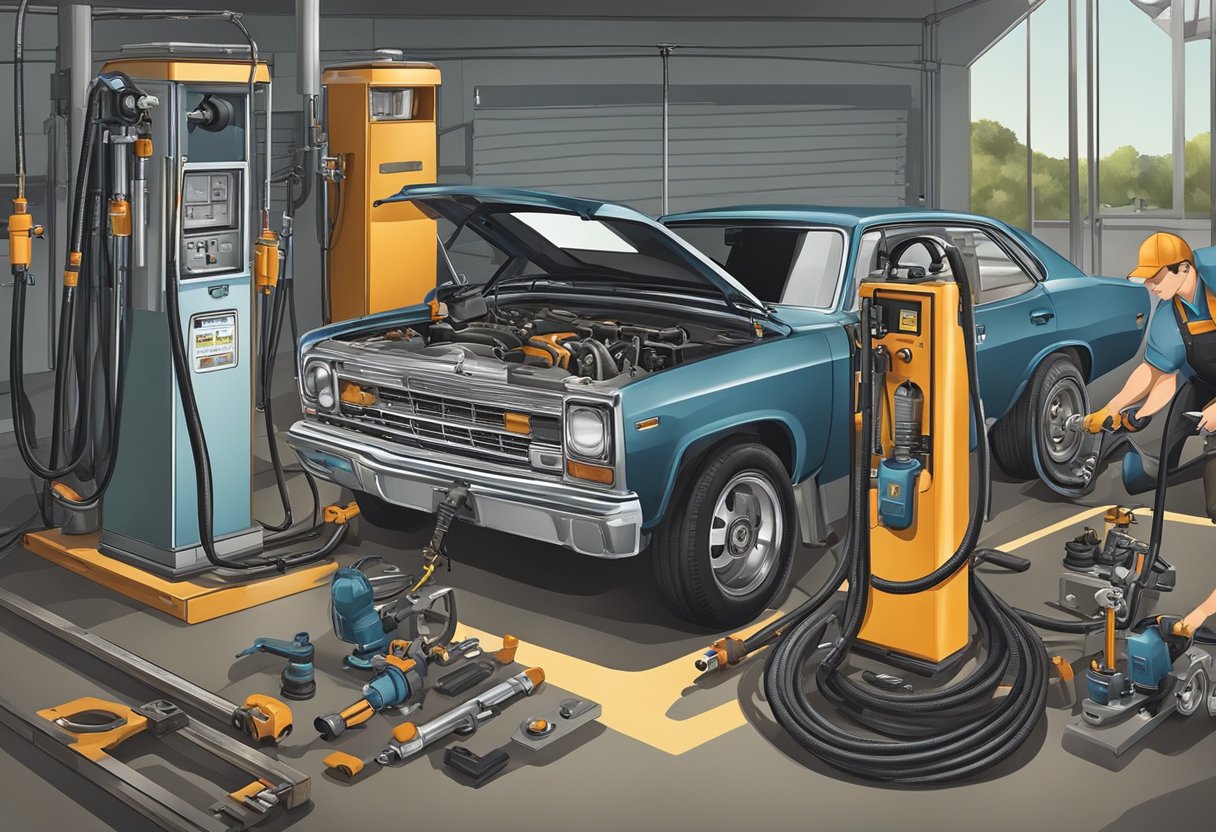 A mechanic removes old fuel pump, installs new pump, and reconnects fuel lines.

Tools and safety equipment are laid out nearby