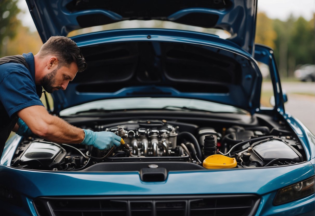 A mechanic pours engine oil flush into a car's engine, cleansing it of debris and buildup