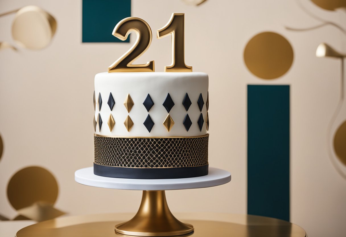 An elegant and sophisticated 21st birthday cake design for guys, featuring sleek lines, geometric patterns, and a modern color scheme