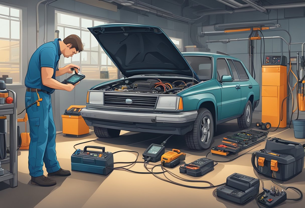 A mechanic troubleshoots a car's O2 sensor circuit with a multimeter and diagnostic tool.

The vehicle is parked in a well-lit garage with tools and equipment scattered around
