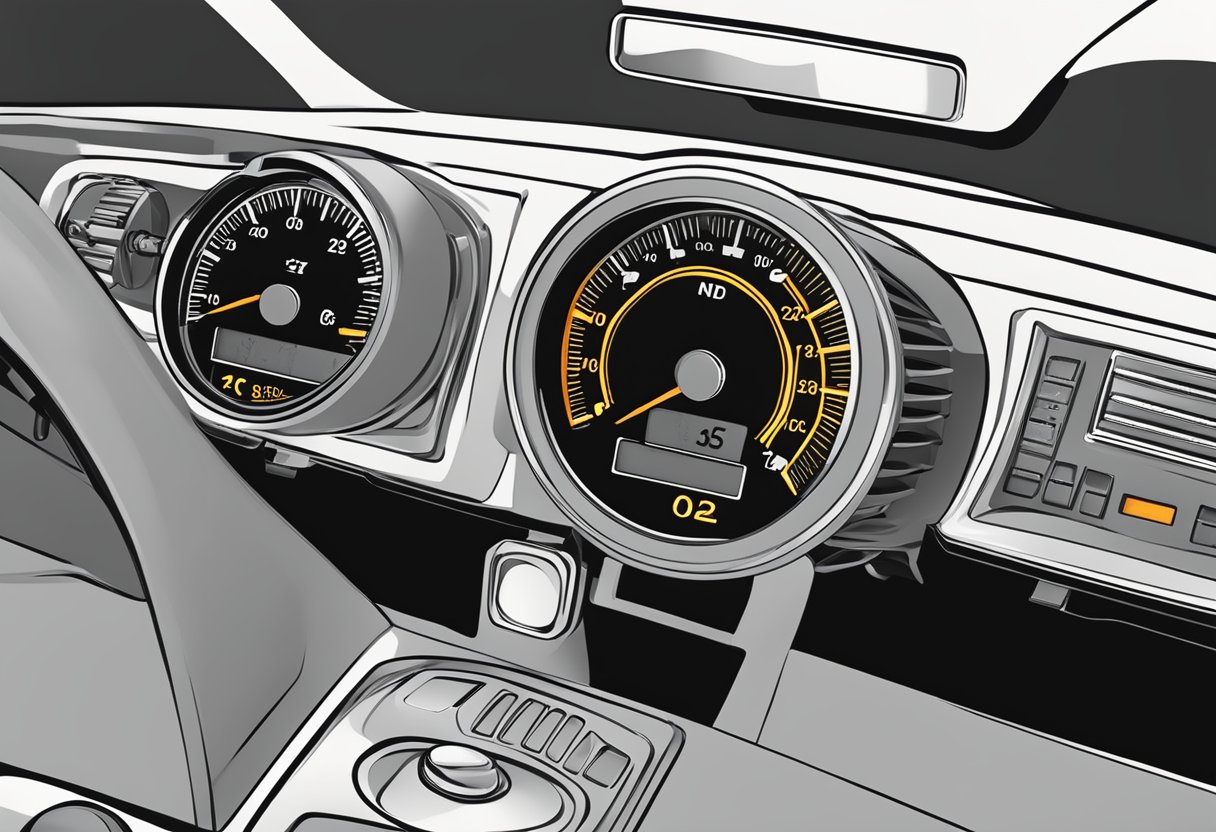 A car dashboard with a lit-up check engine light and a voltage meter showing low voltage in the O2 sensor circuit