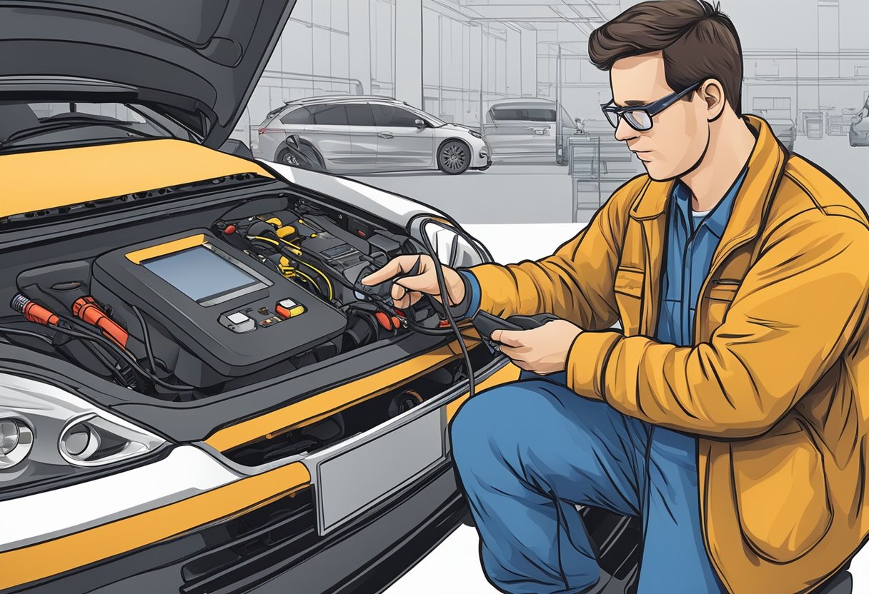 A mechanic testing a car's O2 sensor with a multimeter and diagnostic tool, checking for low voltage in the sensor circuit