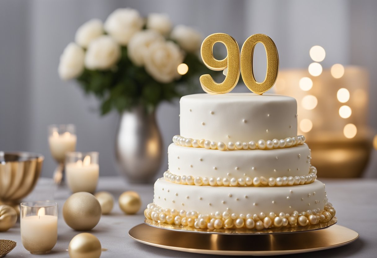 A three-tiered cake with gold and white frosting, adorned with edible pearls and a small fondant replica of the number 90 on top