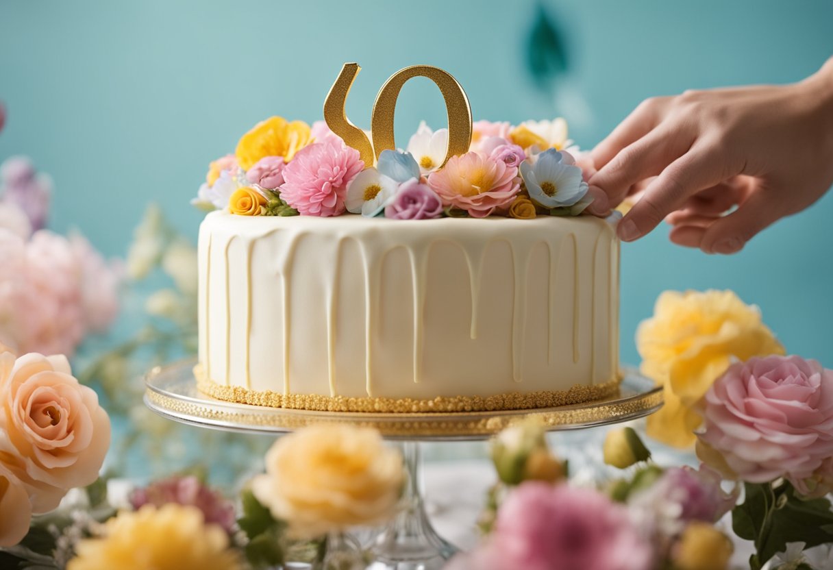 A hand reaches out to delicately place a shimmering gold "90" cake topper onto a towering, frosted birthday cake adorned with colorful flowers and elegant swirls of icing