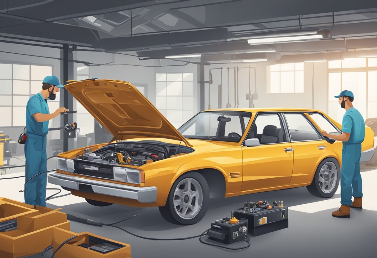 A car with a non-starting engine, a visible ignition relay, and a mechanic diagnosing the issue with a diagnostic tool