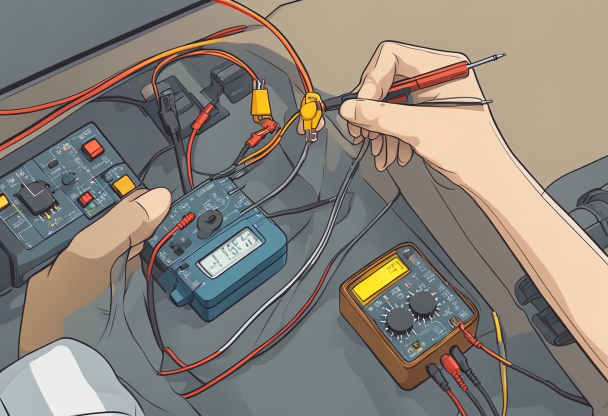 A hand reaches for the ignition relay.

A multimeter measures voltage. A fuse is checked for continuity. A new relay is installed