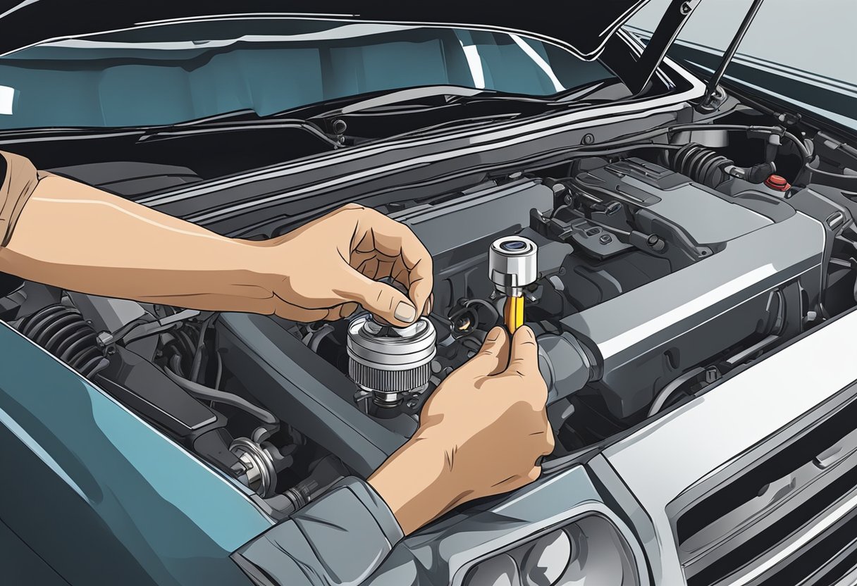 A hand reaches into the engine compartment, holding an oil pressure sensor.

The sensor is being carefully removed from its socket with a wrench