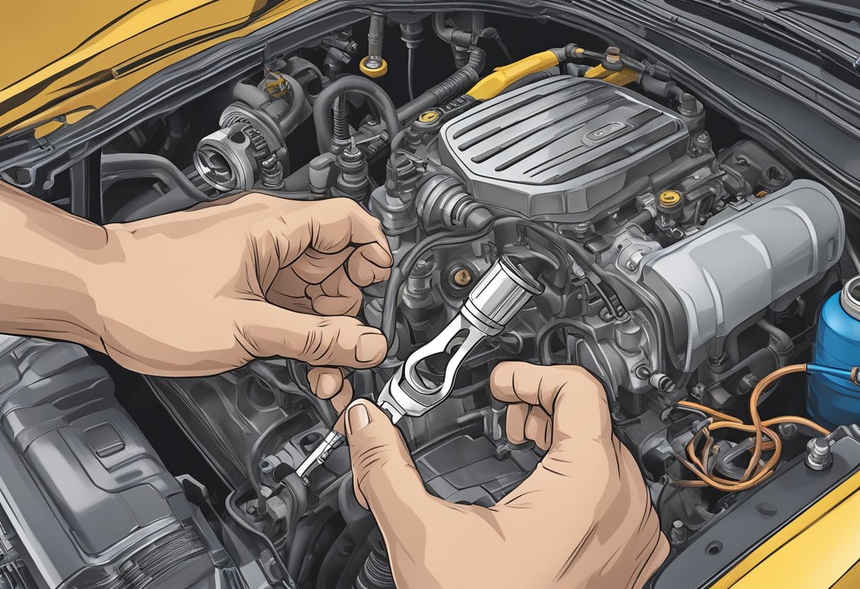 A hand holds a wrench, removing an old oil pressure sensor from the engine.

Oil drips from the sensor as it is being replaced