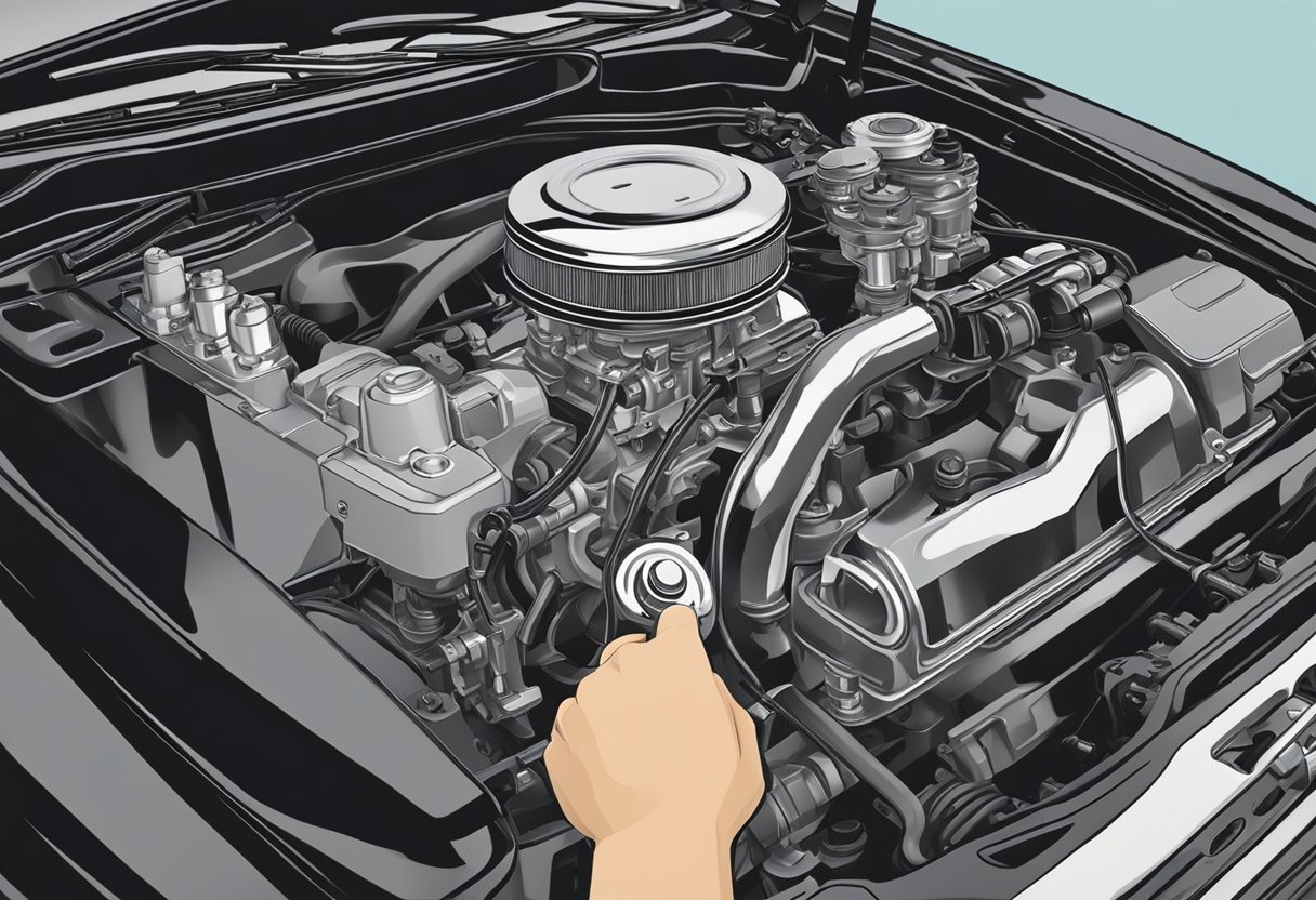 A hand holding a wrench tightens a new oil pressure sensor onto a car engine.

Oil drips from the old sensor onto the ground