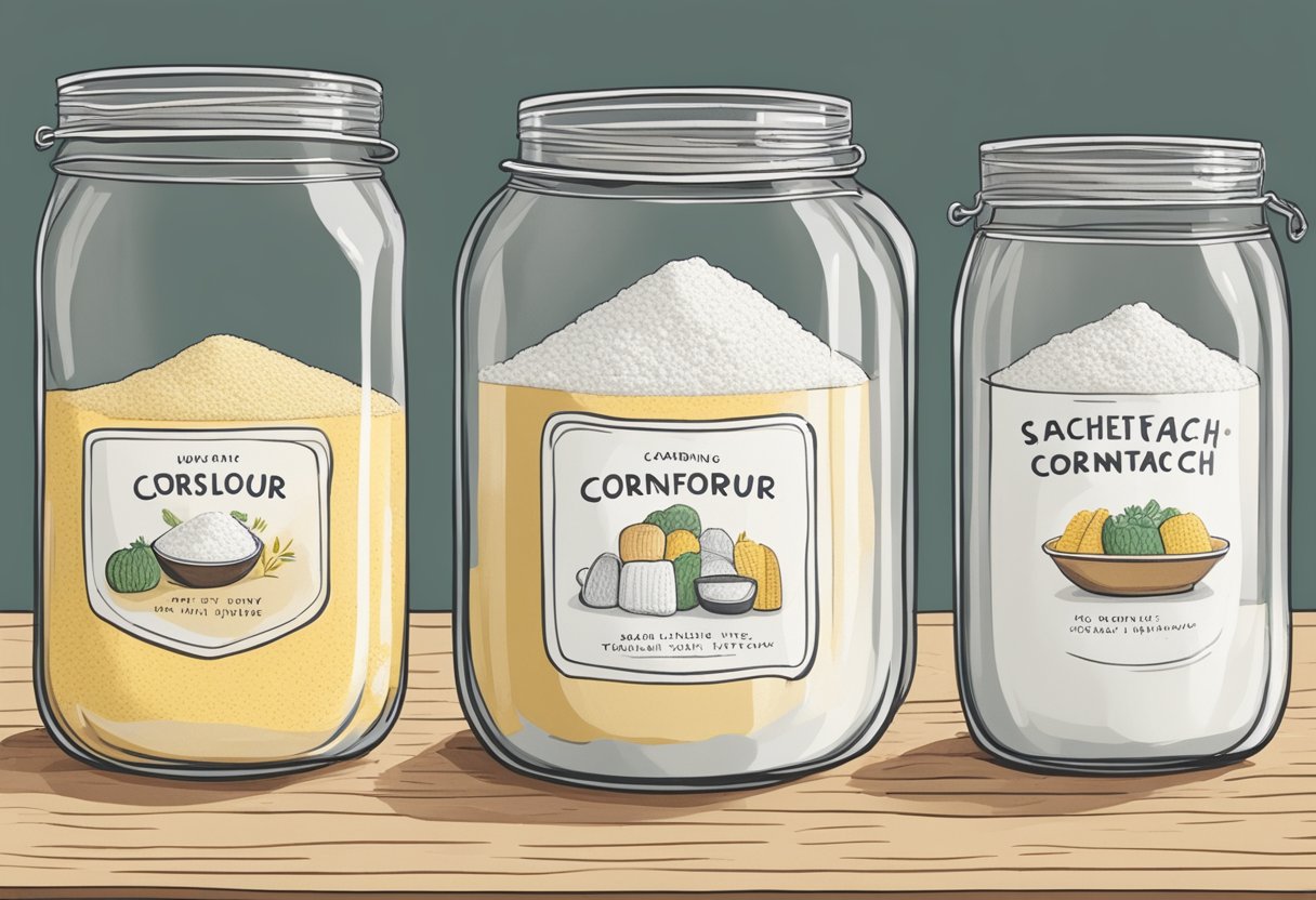 A bowl of cornflour and cornstarch side by side on a kitchen counter, with clear labels on each container