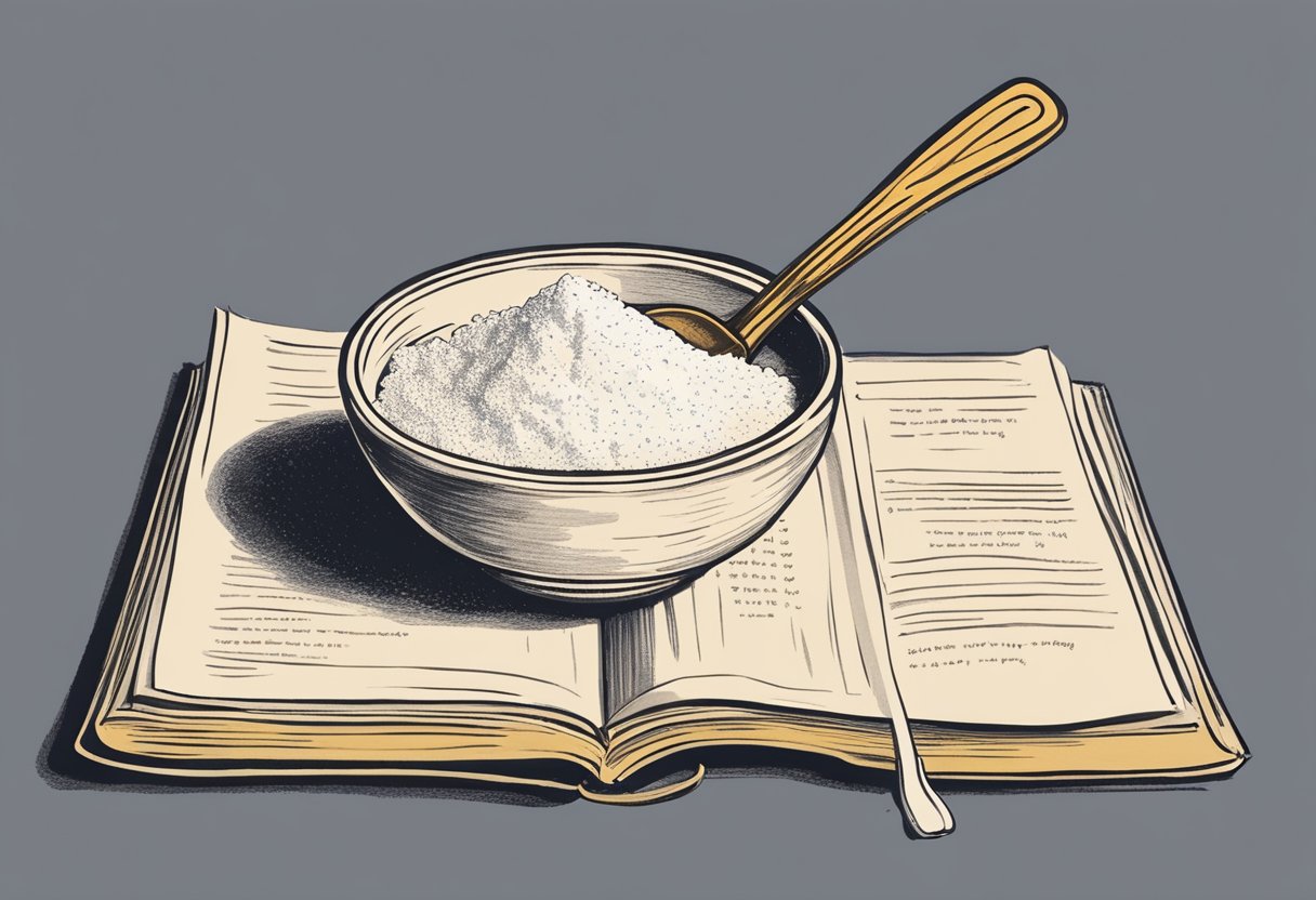 A bowl of cornflour and cornstarch side by side, with a measuring spoon and a recipe book open to a page about culinary uses and applications