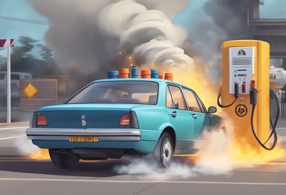 A car battery emits smoke and sparks, surrounded by warning signs and prevention measures