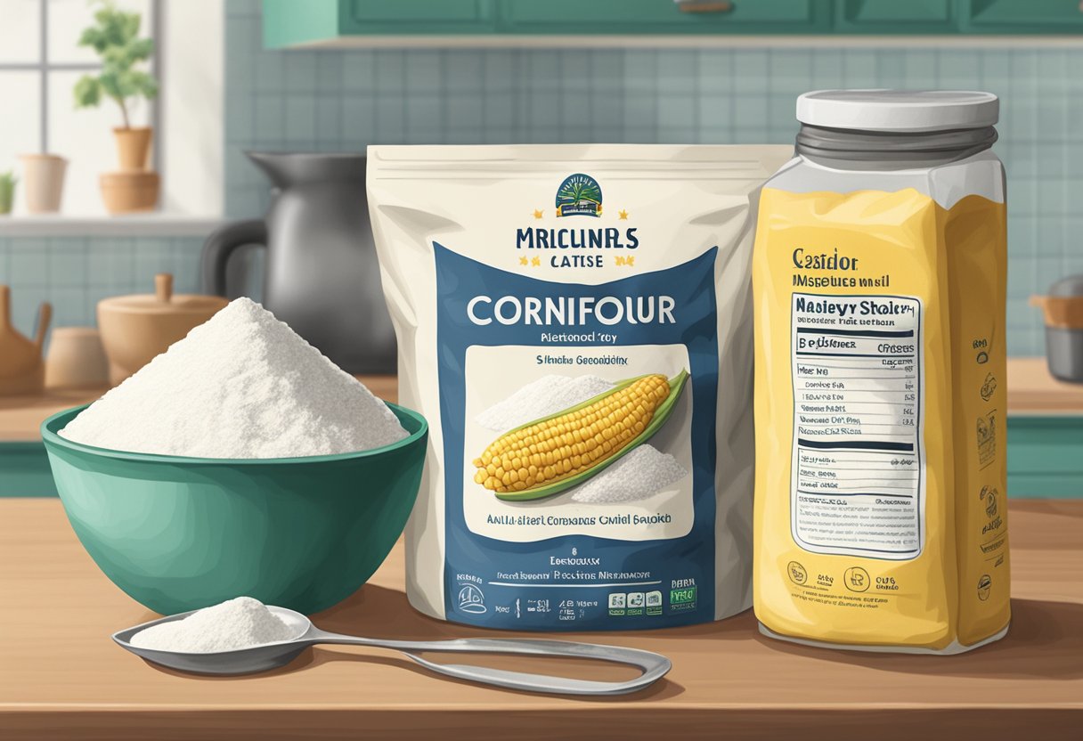 A bag of cornflour and cornstarch sit side by side on a kitchen counter, with a measuring spoon nearby. Labels clearly distinguish the two products