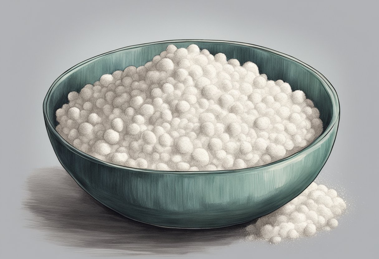 A bowl of fine, powdery substance with a smooth texture, a neutral taste, and a white appearance, resembling both cornflour and cornstarch