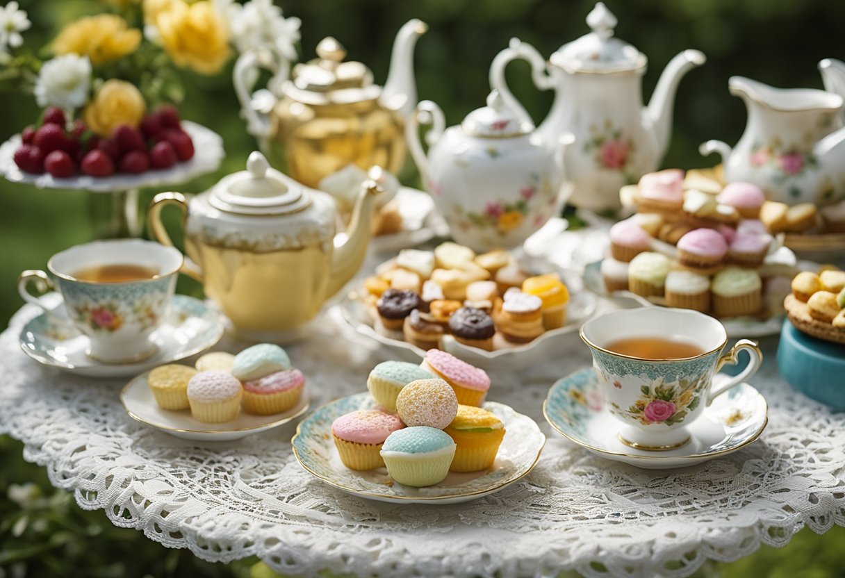 Colorful teacups, vintage teapots, and a variety of sweet treats arranged on a lace tablecloth in a garden setting