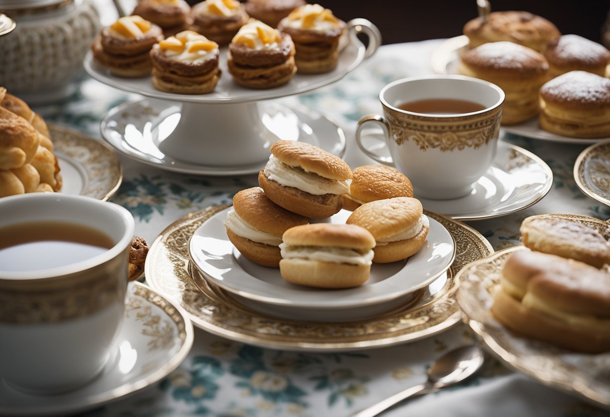 A table set with teacups, saucers, sandwiches, scones, and a variety of pastries on a decorative tablecloth