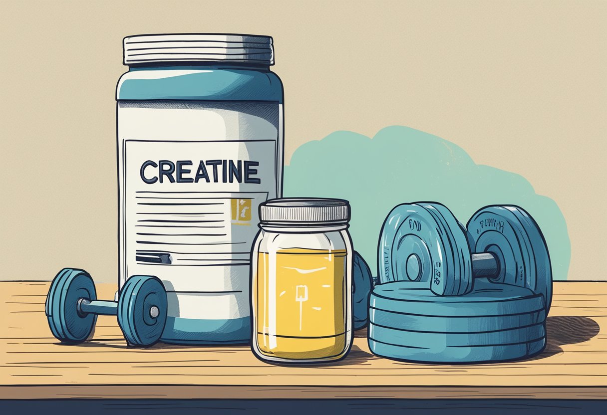 A jar of creatine powder next to a weightlifting bench and dumbbells