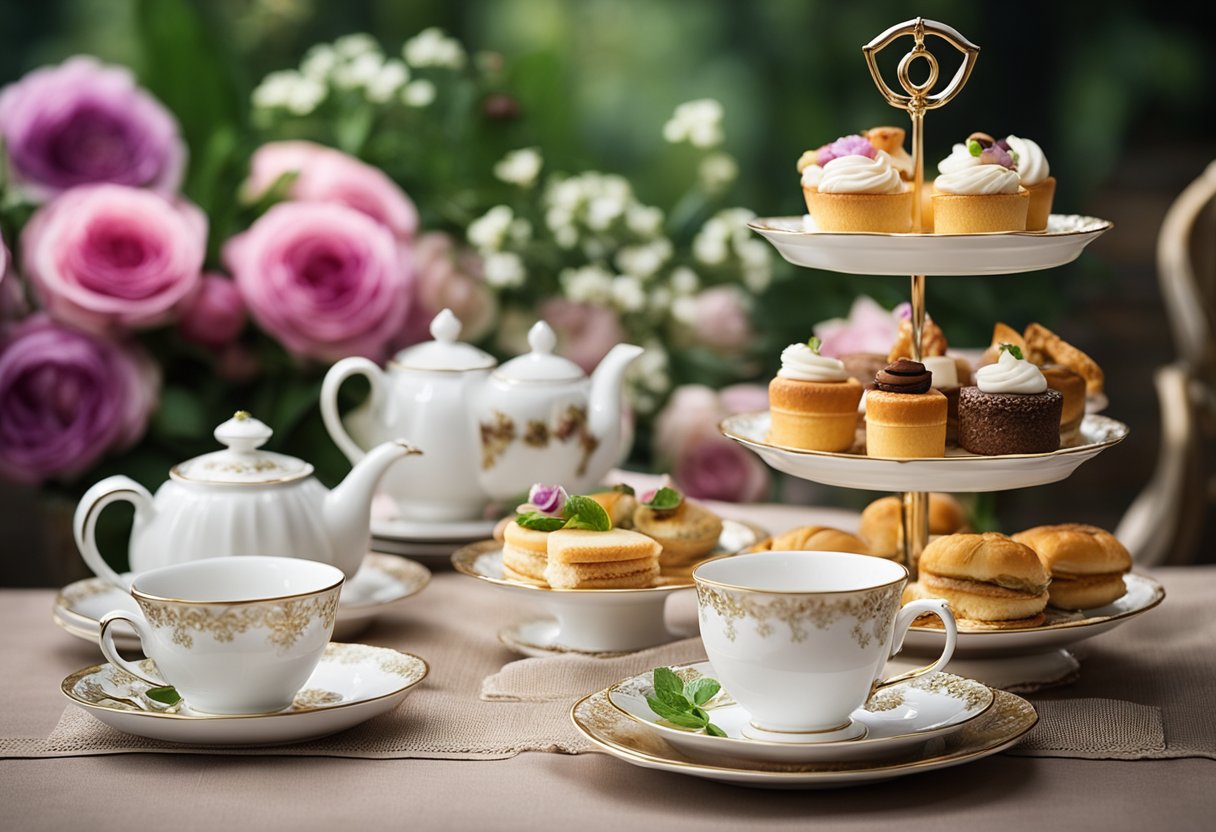 A table set with teacups, saucers, teapot, and a tiered tray of pastries and sandwiches. Decorative napkins and floral centerpieces complete the tea party setting