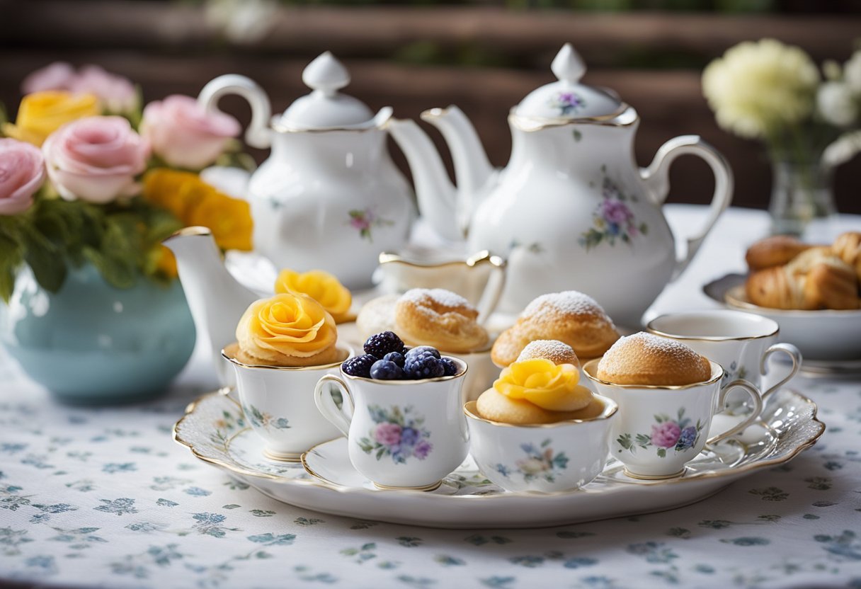 A table set with delicate teacups, saucers, and a lace tablecloth. A vase of fresh flowers sits in the center. A stack of colorful teapots and a tray of assorted pastries complete the scene