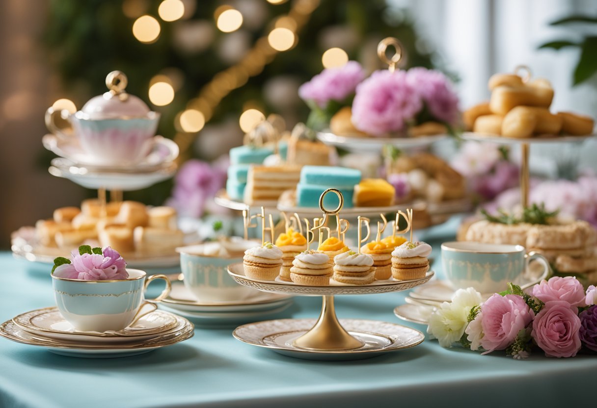 A table set with elegant teacups, plates of delicate pastries, and a tiered stand of finger sandwiches. A colorful array of floral centerpieces and a decorative "Happy Birthday" banner complete the festive scene