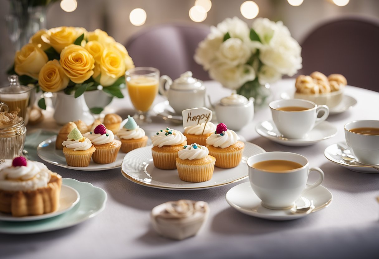A beautifully set table with delicate teacups, a variety of pastries, and floral arrangements. A banner reading "Happy Birthday" hangs in the background