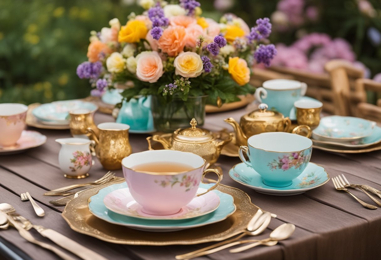 A colorful table set with seasonal and thematic decorations for a tea party birthday, with floral centerpieces and delicate teacups