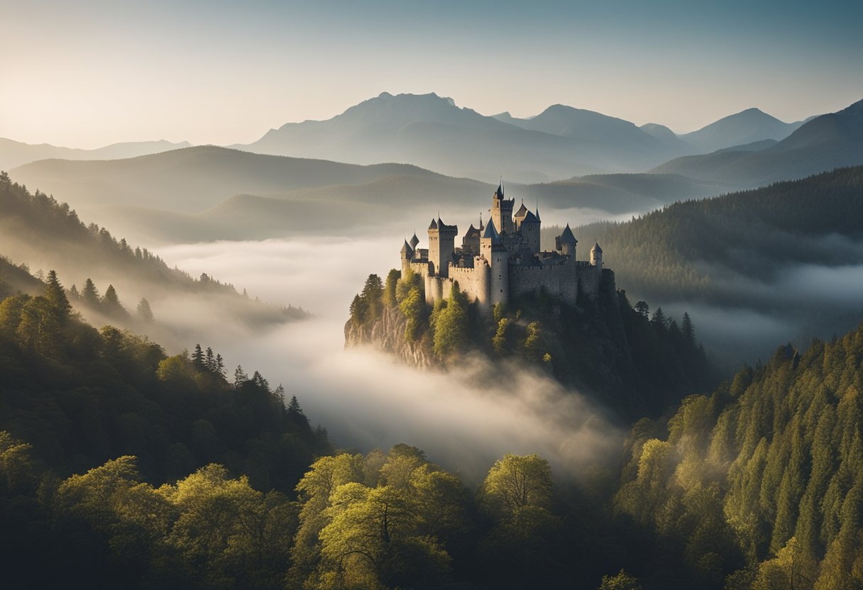The Witcher's Fantasy Europe: Exploring the Continent's Diverse Inspirations - A medieval castle perched on a cliff overlooking a misty forest. A winding river cuts through the landscape, leading to a distant mountain range