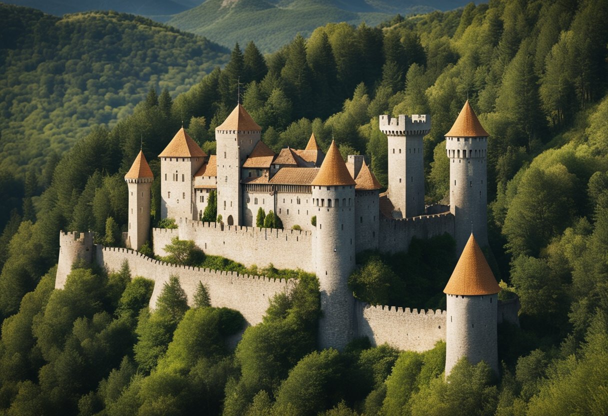The Witcher's Fantasy Europe: Exploring the Continent's Diverse Inspirations - A medieval European landscape with castles, forests, and mountains, blending Eastern European and Canary Island architecture and flora