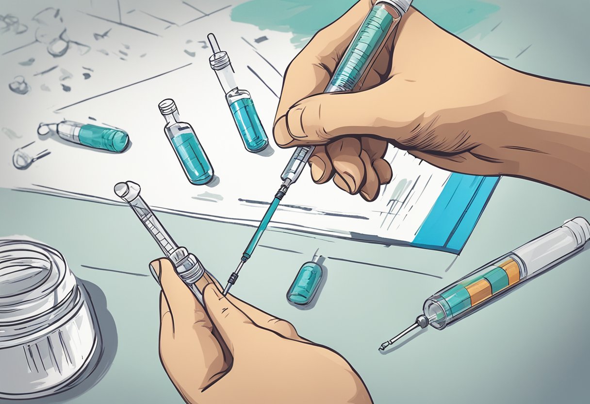 A vial of B12 solution being drawn into a syringe, with a needle ready for injection